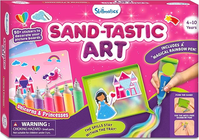 Skillmatics Sand Art Activity - Mess-Controlled DIY Unicorn & Princess Craft Kit with 50+ Colorful Stickers, Creative Arts & Crafts for Kids, Fun Hands-On Activity, Gifts for Ages 4, 5, 6, 7, 8, 9, 10
