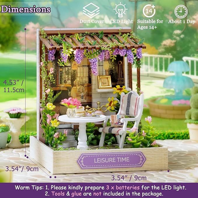 TuKIIE DIY Miniature Dollhouse Kit with Furniture, 1:24 Scale Creative Room Mini Wooden Doll House Plus Dust Proof for Kids Teens Adults(Leisure Time)