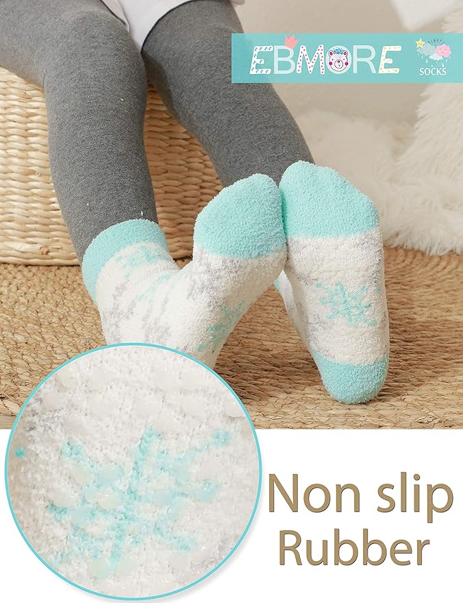 EBMORE Girls Kids Toddler Fuzzy Socks with Grips Non Slip Slipper Socks Crew Cabin Cozy Fluffy Warm Winter Socks 6 Pairs