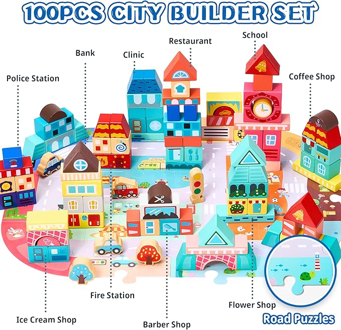 VigorFun 100 PCS Wooden Building Blocks Set - City Builder Stacking Toy with Storage Bag, Montessori Preschool Toys for Kids Toddlers Birthday Gifts Ages 3+