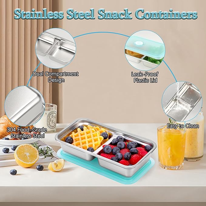 Grab and Go Snack Containers, Reusable Double Compartment Snack Containers-Stainless Steel Condiment Box with Lids for Outdoor Camping Food Storage (4)