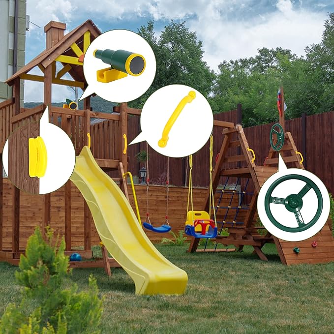RedSwing Playground Accessories for Kids, Outdoor Swingset Attachments with Pirate Ship Wheel, Toy Telescope, Telephone and Safety Handles (Yellow and Green)
