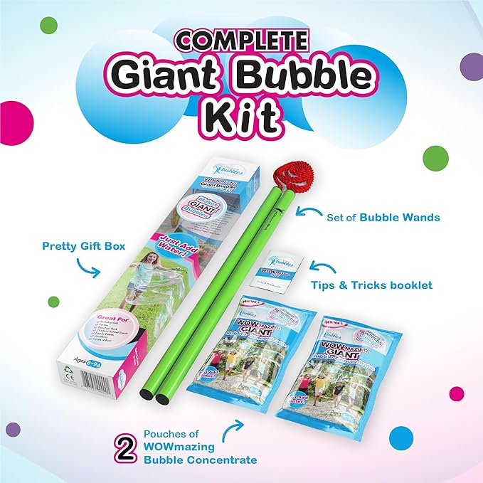 WOWmazing Giant Bubble Wands Kit: (4-Piece Set) | Incl. Wand, Big Bubble Concentrate and Tips & Trick Booklet | Outdoor Toy for Kids, Boys, Girls | Bubbles Made in The USA