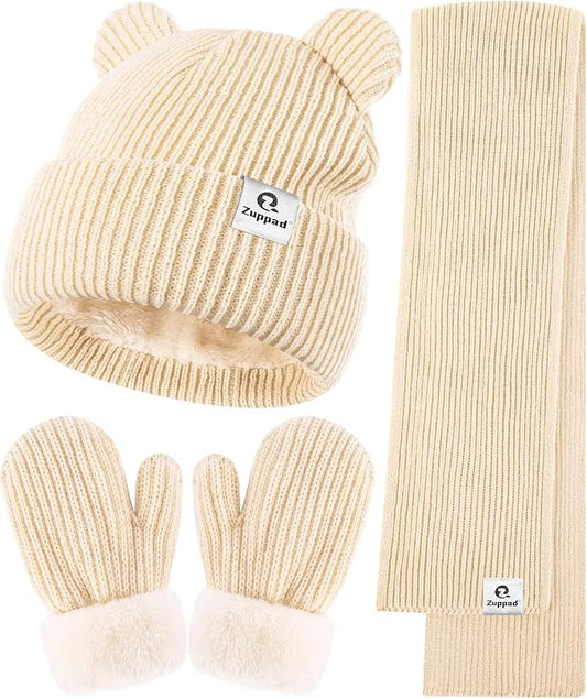 Baby Beanie Mittens Scarf Set,Toddler Infant Kids Winter Hat with Bear Ear Thermal Gloves Neck Warmer Set for Girls Boys