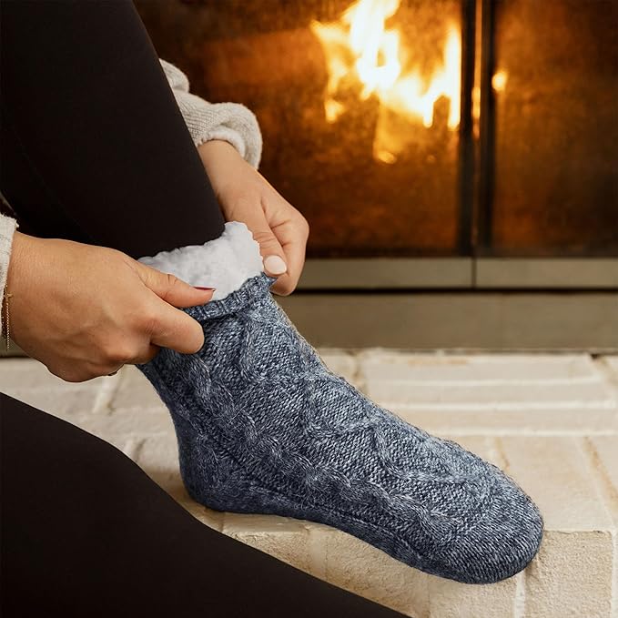 Tough Land Slipper Socks for Women with Grippers Non Slip, Sherpa Lined Slipper Socks