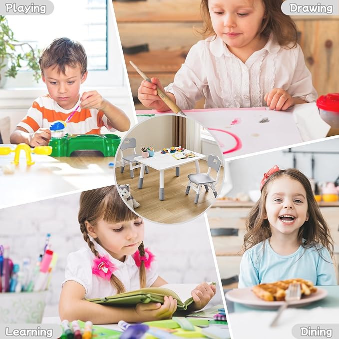 Toddler Table and Chair Set for Ages 3-8, Adjustable Kids Table and Chairs for Reading,Drawing, Eating, Children Activity Table with Graffiti Tabletop for Daycare/Classroom/Home/Preschool