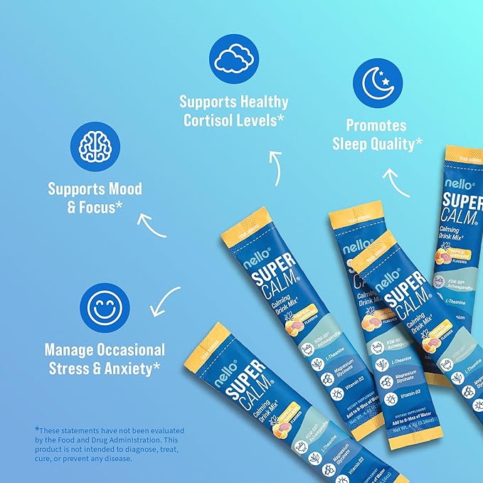 Nello Supercalm Powdered Drink Mix, Tropical Tangerine, L Theanine, Ksm-66 Ashwagandha, Magnesium Glycinate, Vitamin D 3, Supplements for Relaxation & Focus, Natural, No Sugar, Non GMO, 20 Srvg