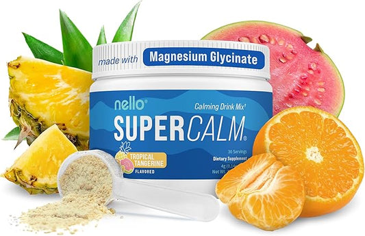 Nello Supercalm Powdered Drink Mix, Tropical Tangerine, L Theanine, Ksm-66 Ashwagandha, Magnesium Glycinate, Vitamin D 3, Supplements for Relaxation & Focus, Natural, No Sugar, Non GMO, 30 Srvg