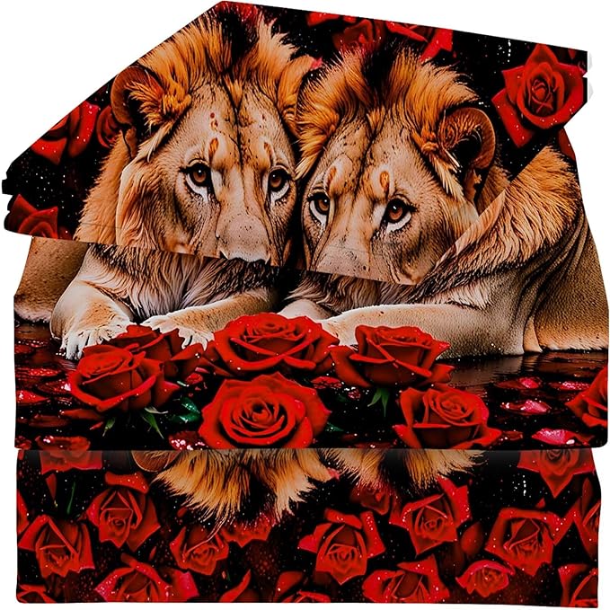 Rose Lions Sheets Set Twin for Kids and Women Animal Print Bedding Set with Deep Pocket 3D Wildlife Bed Set with 1 Flat Sheet 1 Fitted Sheet and 1 Pillowcase