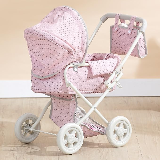 Olivia's Little World Buggy-Style Baby Doll Stroller with Retractable Canopy, Storage Underneath, Detachable Bassinet, Travel Nursery Bag, Comfortable to Push, Pink and Gray