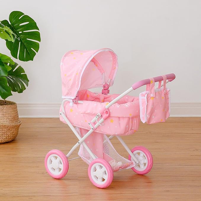 Olivia's Little World - Play Baby Doll Bassinet Stroller, Baby Doll Pram Stroller Buggy for 3 4 5 Year Old Girls, Toy Stroller for Toddlers 1-3, Twinkle Stars Princess Deluxe Toy Stroller - Pink/White