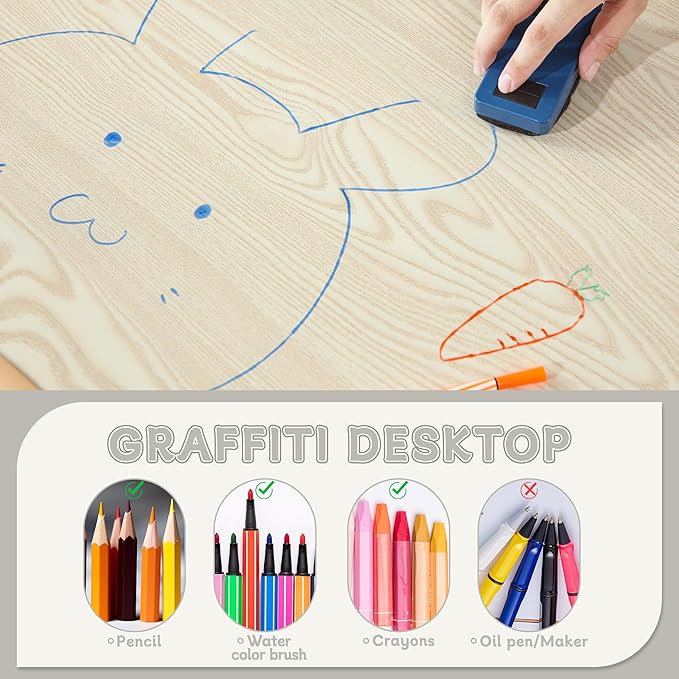 Kids Table and Chairs, Height-Adjustable Toddler Table and Chair Set with 31.5''Lx23.6''W Graffiti Desktop, Table Chair for Ages 3-8, Childrens Table and Chair Set for Daycare with 2 Chairs, Brown