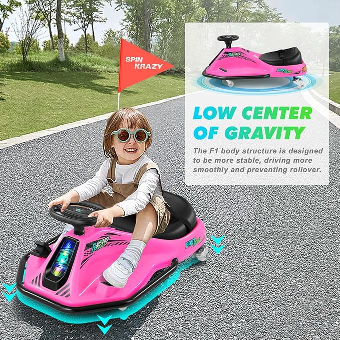 360 Degrees Rotating Ride On Drift Car and 2 Replacement Universal Wheels, 24V Electric Drifting Go Kart for Kids W/Brushless Motor, High/Low Speed, Flashing Lights, Flag, Music, Bluetooth, Pink