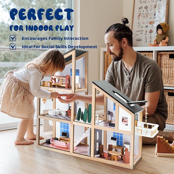 Large Wooden Doll House for Kids Ages 3+, Sturdy Modern Family Dollhouse Kit with Realistic Furniture Design, Educational Wooden Toy House for Toddlers Early Learning & Creative Play