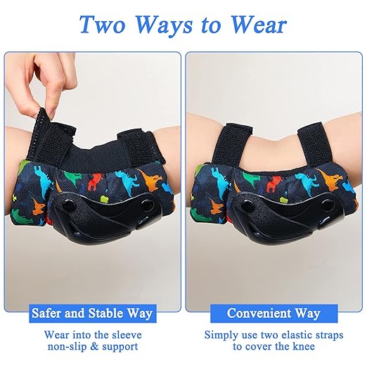 FIODAY Knee Pads for Kids Dinosaur Knee Elbow Pads Wrist Guards with Drawstring Bag Adjustable 7 in 1 Protective Gear Set for Boys Inline Skating Bike Cycling Skateboard Scooter, 3-8 Years, Black