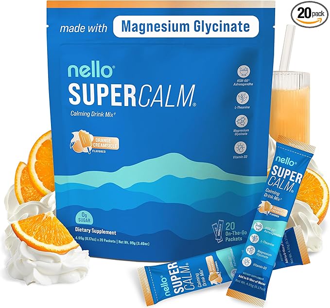 Nello Supercalm Drink Mix - Ashwagandha KSM 66, Magnesium Glycinate & L-Theanine Supplement - Ashwagandha Root Extract - Focus and Relaxation Support (20 Travel Packets) - Orange Creamsicle
