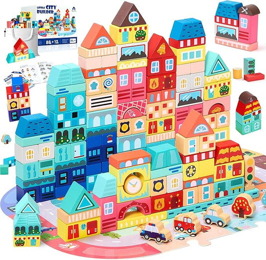 VigorFun 100 PCS Wooden Building Blocks Set - City Builder Stacking Toy with Storage Bag, Montessori Preschool Toys for Kids Toddlers Birthday Gifts Ages 3+