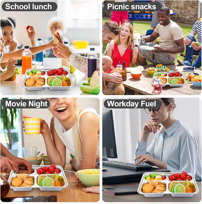 3Pcs Stainless Steel Snack Containers with Lids, 4 Compartments Bento Snack Boxes Reusable Metal Food Fruit Storage Prep Containers for School Home Travel