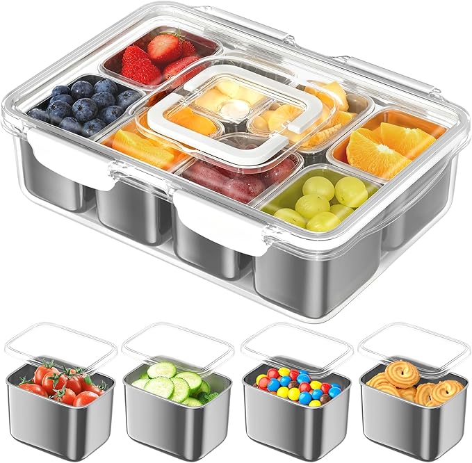 Stainless Steel Snackle Box, 8 Compartment Divided Serving Tray with Lid & Handle, Portable BPA-Free Snack Box for Fruits, Nuts & Veggies, Keep Food Fresh & Organized, Ideal for Travel,Picnic & Beach
