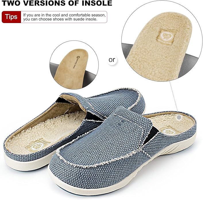 Mens Slippers with Arch Support, Canvas House Slipper for Men with Velvet Lining, Slip On Clog, Indoor Outdoor House Shoes with Anti-Skid Rubber Sole