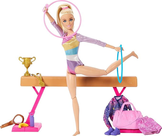 Barbie Gymnastics Doll & Accessories, Playset with Blonde Fashion Doll, C-Clip for Flipping Action, Balance Beam, Warm-Up Suit & More