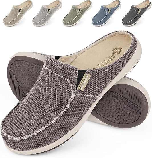 Mens Slippers with Arch Support, Canvas House Slipper for Men with Velvet Lining, Slip On Clog, Indoor Outdoor House Shoes with Anti-Skid Rubber Sole