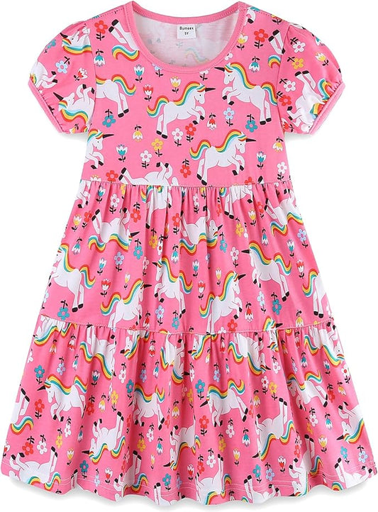 Bumeex Girl's Dresses Cotton Ruffle Sleeve Tiered Swing A-Line Cute Midi Casual Sundress