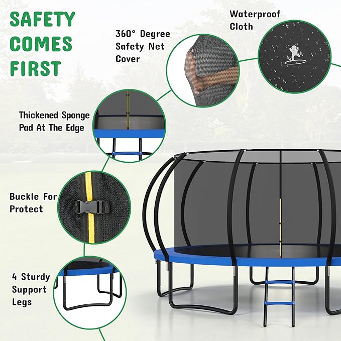 Polar Aurora 10FT 12FT 14FT 16FT Outdoor Trampoline with Safety Enclosure Net, Thickened Spring Pad，ASTM Approved Recreational Trampoline for Kids and Adults,Anti-Rust Coated Frame and Thickened Mat