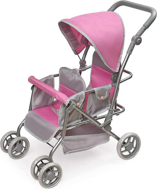 Badger Basket Double Doll Stroller - Pram for Baby Doll with Adjustable Seats & Storage Basket - Fits Doll Up to 20 Inches - Best for Toddler and Kid Pretend Play Ages 3 and Up - Pink/Grey