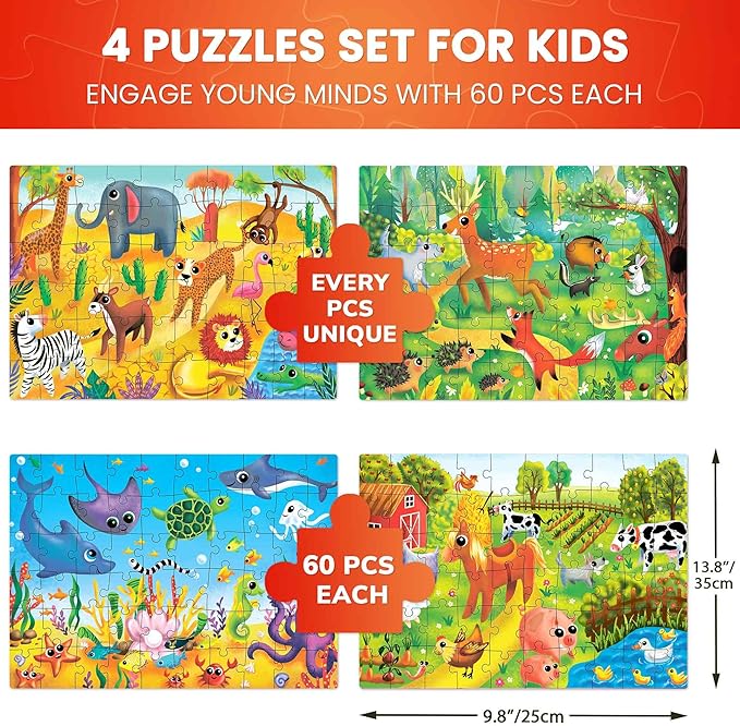 QUOKKA Puzzles for Kids Ages 4-6 - Set of 4x60 Jigsaw Puzzles for Toddlers 3-5 - Animals Toys for Children 6-8 yo - Gift Educational Game for Boys & Girls