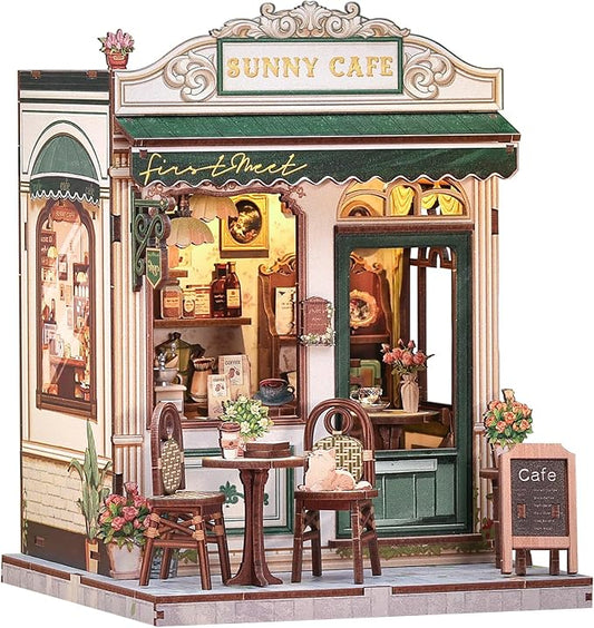 Cutefun Book Nook Kit - DIY Miniature Coffee Shop Dollhouse Kit for Adults and Teens, 3D Wooden Cafe Puzzle Mini House Building Kit with LED Bookshelf Insert Decor Creative Gifts (Sunny Cafe)