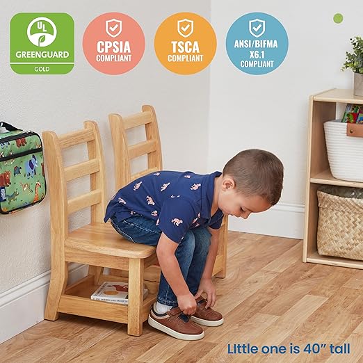 ECR4Kids Three Rung Ladderback Chair with Storage, 10in Seat Height , Classroom Seating, Honey, 2-Pack