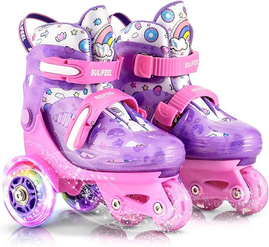 SULIFEEL Adjustable Roller Skates for Girls Boys Kids,Fun Illuminating Light Up Flash Wheels Three-Point Type Balance Suitable for Beginners Indoor Roller Skating