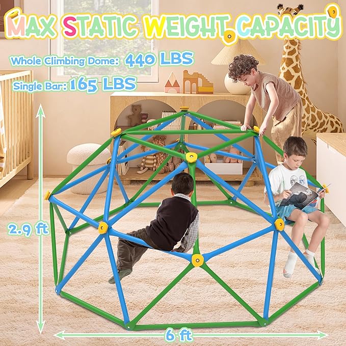 Gardenature 6FT Climbing Dome for Kids 3-8, Jungle Gym for Indoor and Outdoor, Geometric Dome Climber Supporting 440 Lbs Anti-Rust Metal Play Structure, Kids Gift Toys, ASTM Approved, Blue & Green