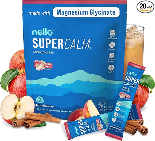 Nello Supercalm Drink Mix – Ashwagandha KSM-66, Magnesium Glycinate, L-Theanine & Vitamin D3 Supplement, Spiced Apple Flavor (20 Travel Packets)