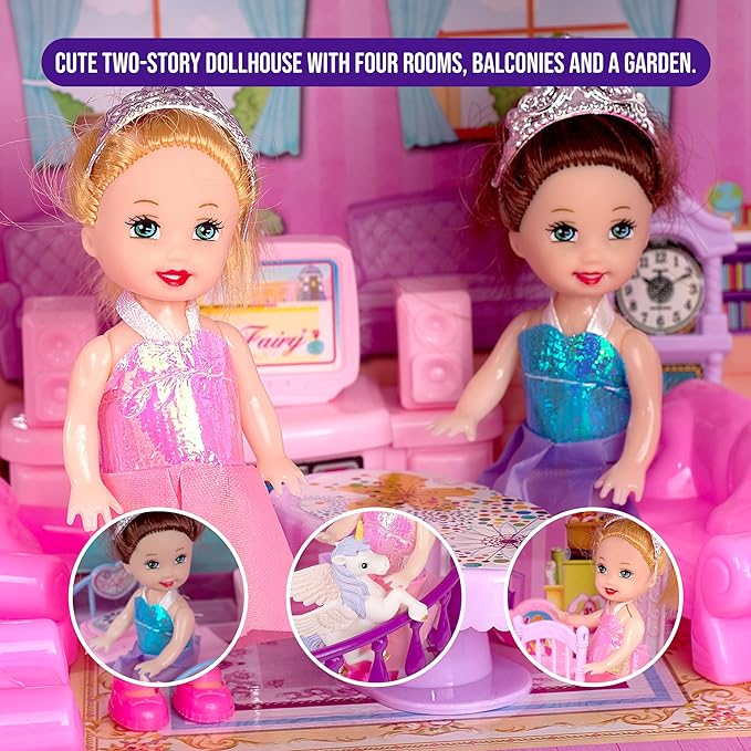 Dollhouse with 4 Princesses, 4 Unicorns, Dog, Furniture and Accessories - Pink and Purple Dream Doll House Toy for Little Girls - 5 Rooms w/Garden, Furniture and Accessories, Gift for Girls Ages 2-7