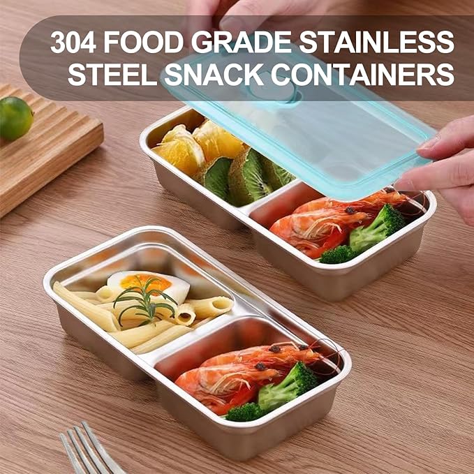 Reusable Snack Containers with Lids, Stainless Steel Snack Containers, Double Compartment Condiment Bowls, Meal Prep Lunch Box, Takeout, Travel and Camping Food Storage (4PCS)