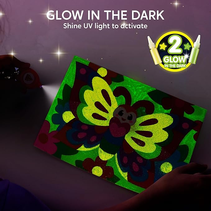 Klever Kits Glow Sand Art Kits for Kids, Glow in The Dark Sand Painting with 14 Colors, Kids Crafts, 6 Fantasy Templates & 4 DIY Sheets, Mess Free Arts and Crafts, Unicorn Gifts for Girls Ages 5+