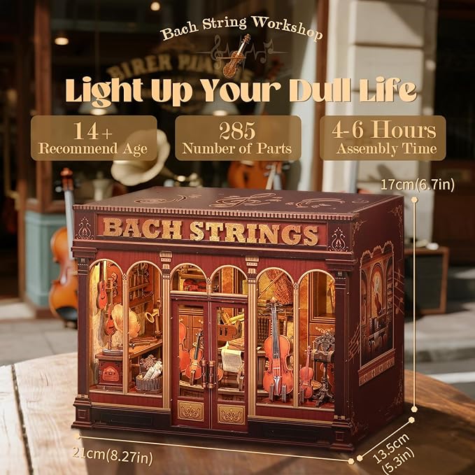 Cutefun Book Nook Kit - DIY Miniature House Dollhouse Kit, Book Nook Kits for Adults, Bookshelf Insert Bookend with LED Light for Teens and Adults (Bach Strings)