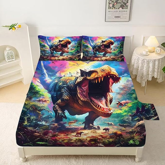 Dinosaur Sheets Set Full/Queen for Boys Tie Dye Dinosaur Bedding Set for All Seasons 3D Dino Bed Set with 1 Flat Sheet 1 Fitted Sheet and 2 Pillowcases