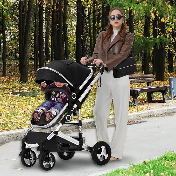 Kinder King 2 in 1 Convertible Baby Stroller, Folding High Landscape Infant Carriage, Newborn Reversible Pram, Adjustable Canopy, Diaper Bag, Anti-Shock Toddler Pushchair Stroller, Black