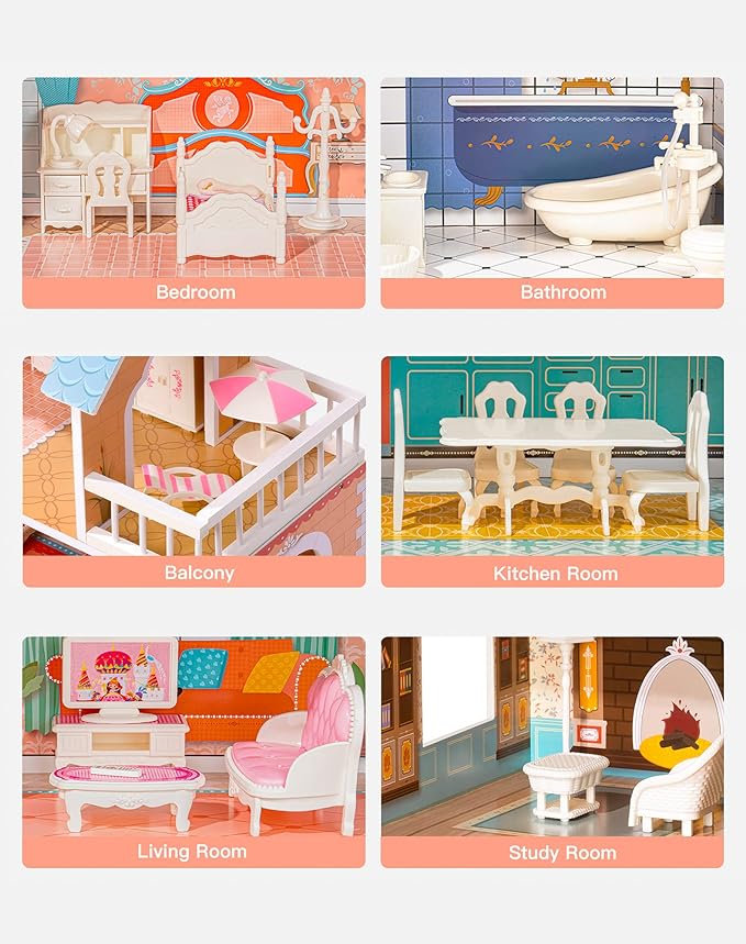 ROBOTIME Doll House Wooden Dollhouse for Kids 3 4 5 6 Years Old, Doll House w/28PCS Furniture Plastic, for 3.3”Dolls, Birthday Presents for Toddler 3+