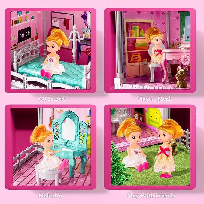 Pink Villa Playset for Girls Ages 3-7, 2-Story 4 Room House with 2 Dolls, Furniture and Accessories, Indoor Playset Girls Toys for Ages 6-8, Pretend Toddler Toy, Birthday Gifts for Kids 4-8