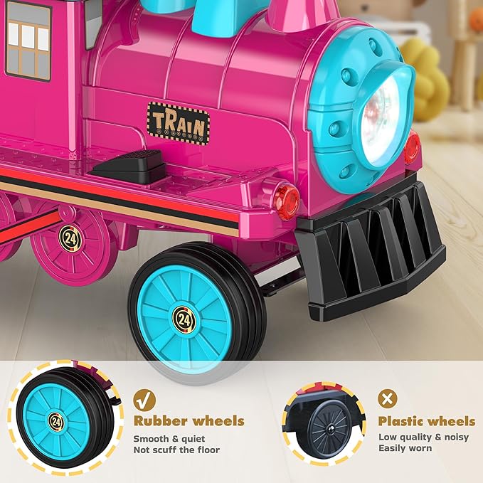 ANPABO 2-Seater Ride On Train Trackless, 12V Kids Car with Height-Adjustable Seat, Extra Storage, Headlight, Train Whistle & Music, Electric Car for Kids (Carriage Not Included), Rose Red