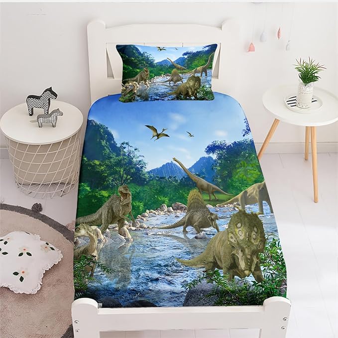 Dinosaurs Twin Fitted Sheet 2Pcs Twin Sheets Set Kids 3D Realistic Dinosaur Fitted Sheets Set Ancient Jungle Dinosaur Bed Sheet Kids Soft Microfiber Bedding Sheets Set