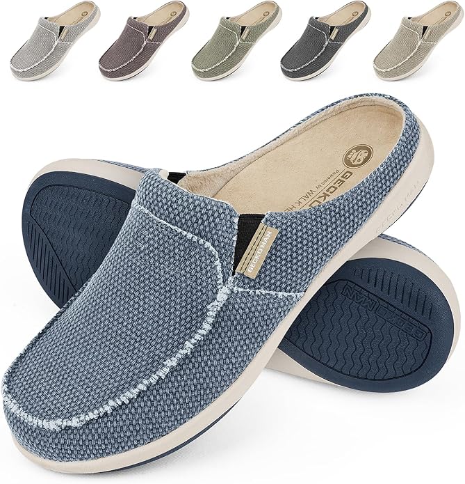 Mens Slippers with Arch Support, Canvas House Slipper for Men with Velvet Lining, Slip On Clog, Indoor Outdoor House Shoes with Anti-Skid Rubber Sole