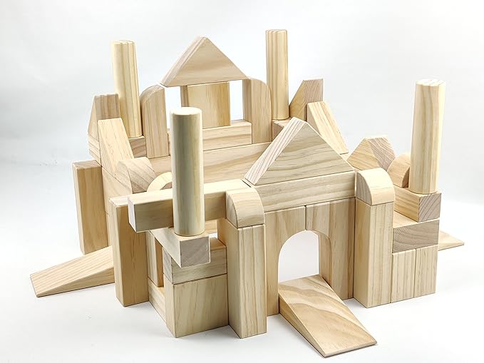 Onshine Large Wooden Blocks for Toddlers 1-3, 64 Pieces Big Wood Building Blocks Set with Wooden Storage Box, Large Toddler Blocks Building and Stacking Toys Construction Set