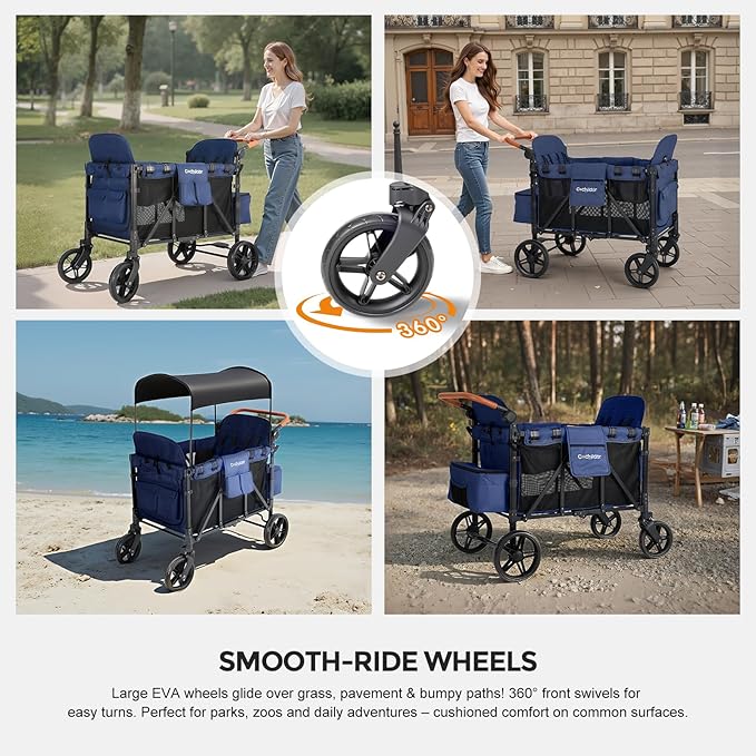 Elite 4-Seater Wagon Stroller for 2-4 Kids, One-Hand Fold, High Seats with 5 Point Harness, Adjustable Handle & Canopy, Blue