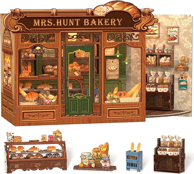 Cutefun Book Nook Kit - DIY Miniature House Dollhouse Kit, Book Nook Kits for Adults, Bookshelf Insert Bookend with LED Light for Teens and Adults (Mrs.Hunt Bakery)