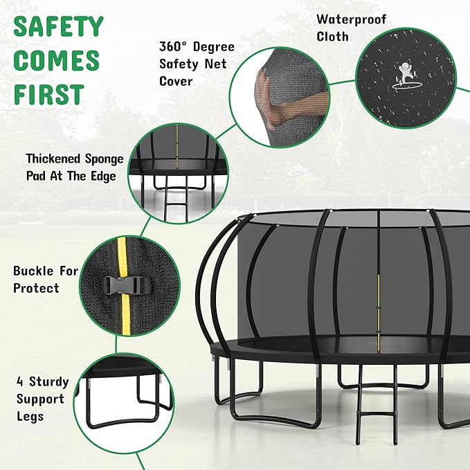 Polar Aurora 10FT 12FT 14FT 16FT Outdoor Trampoline with Safety Enclosure Net, Thickened Spring Pad，ASTM Approved Recreational Trampoline for Kids and Adults,Anti-Rust Coated Frame and Thickened Mat